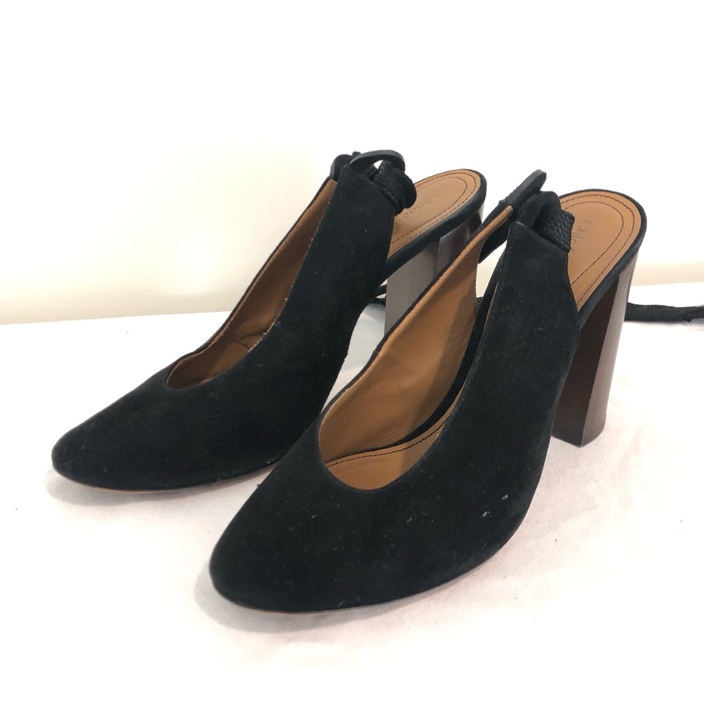 Chloe Black Suede Pumps Heels Ankle Tie Slingback Size 38 Made in Italy
